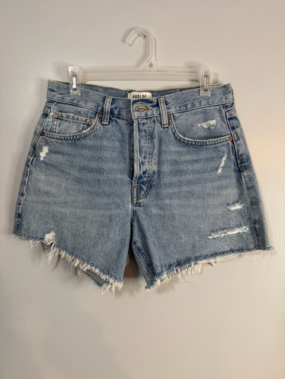 Agolde Light Blue Distressed High-Rise Jean Shorts